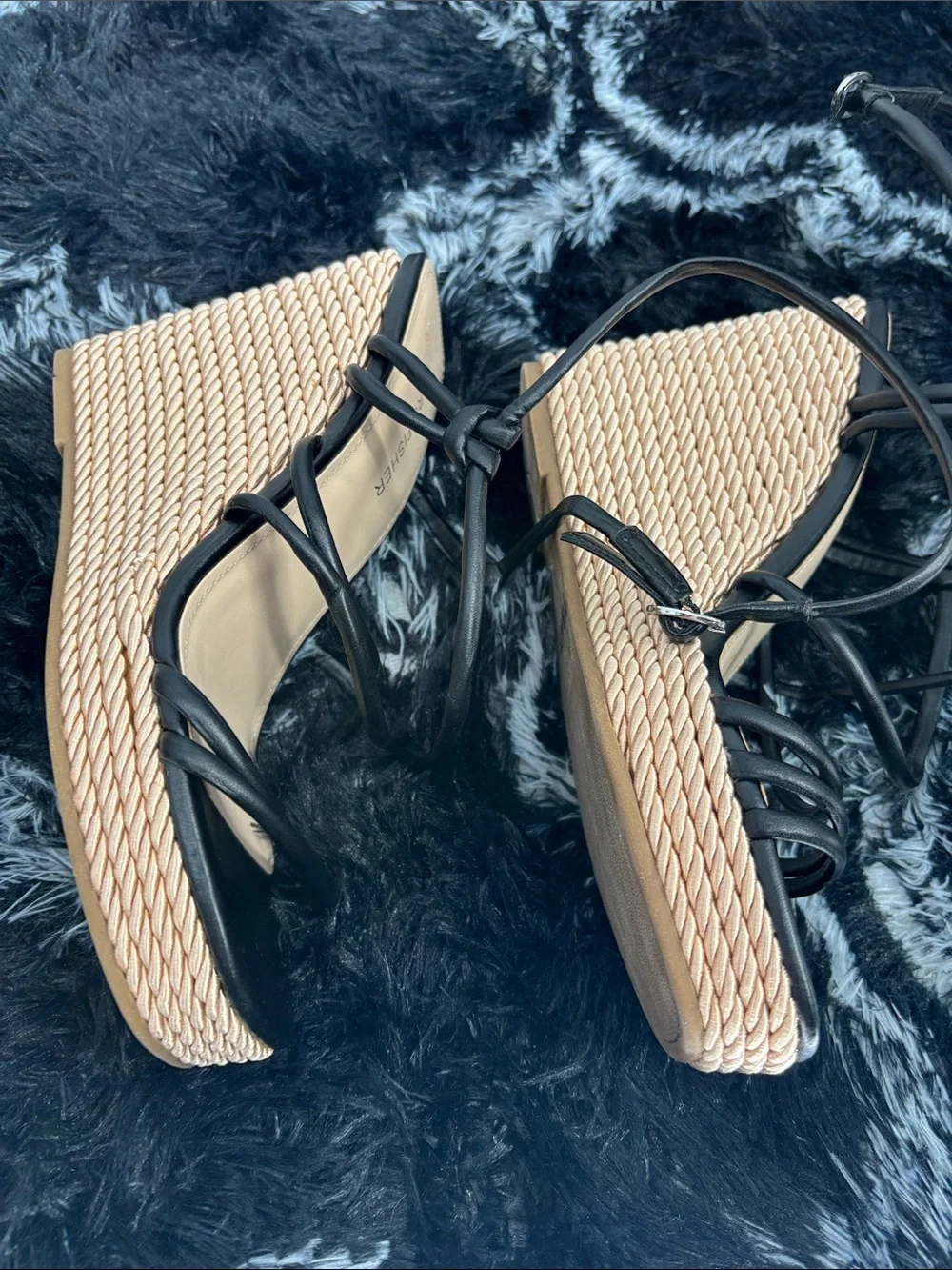 Marc Fisher Zarah wrap Ankle Strap Wedge Platform Sandals Woven Black size 7